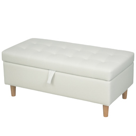 HOMCOM Upholstered Ottoman with Storage, Wooden Legs, Soft Fabric Cover, Cream White