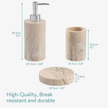Набір для ванної кімнати Navaris: дозатор для мила, стакан для зубної пасти, 3 шт. - аксесуари для ванної кімнати, набір, штучний камінь, мармур, бежевий