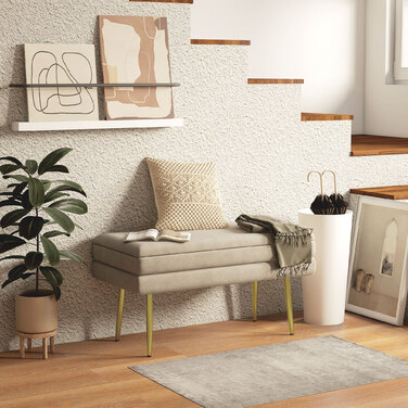 HOMCOM Bench, Upholstered Bench with Storage, Velvet-Look, Bed Bench with Steel Legs, Shoe Bench, Storage Bench for Living Room, Bedroom, Beige, 79.5 x 37.5 x 43 cm | Aosom