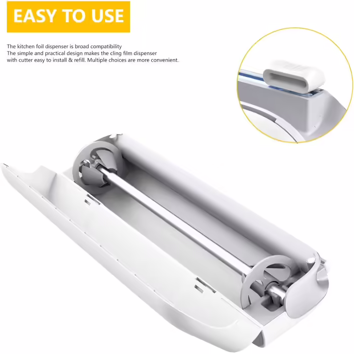 Magnetic Foil Dispenser with Cutter - Improves cling film dispensers, Practical cutter for plastic wrap & aluminum foil - Cling film roller for kitchen drawer, White