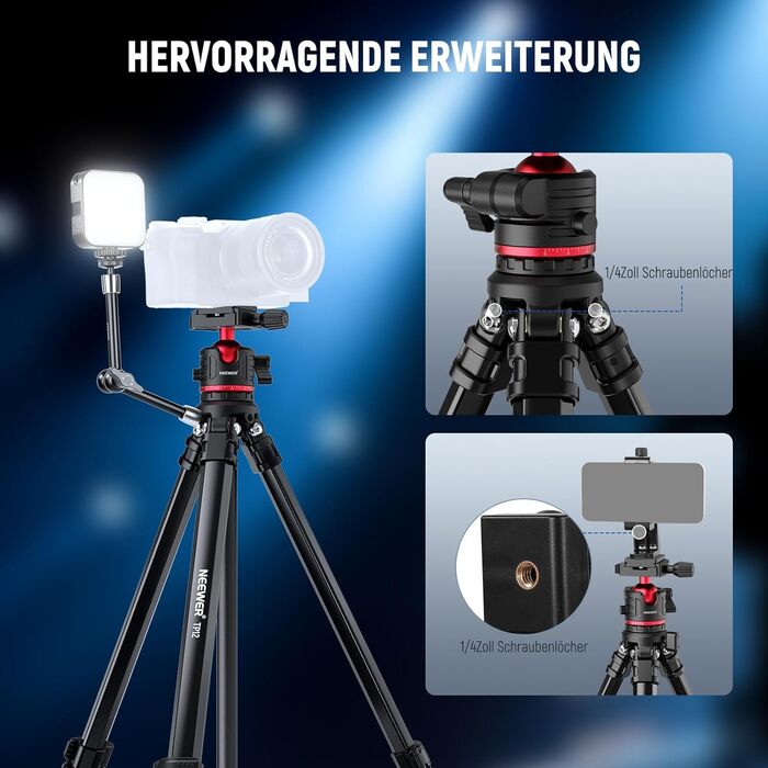 NEEWER Штатив для камери 169см, легкий, з кульковою головкою, Arca тип, тримач для телефону, максимальне навантаження 11lb, TP12