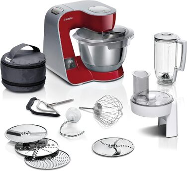Bosch Kitchen Machine Series 4 MUM5X720, integrated scale, 3.9L stainless steel bowl, 1.25L mixer, professional dough hook, planetary mixing system, whisk, continuous slicer/shredder, 1000 W, Dark Red/Silver. Includes 2 accessories. Single.