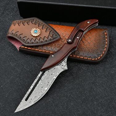 VG10 Damascus Steel Pocket Knife Folding Knife for Men EDC Camping Outdoor (Scandi Grind) (SD604C)