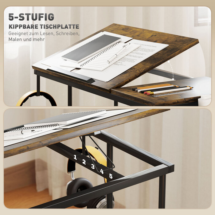 HOMCOM Height-Adjustable Desk, 92 x 40 cm, Computer Desk with Wheels, Tilting Platform, Storage Bag, for Study Room, Office, Steel, Rustic Brown | Aosom