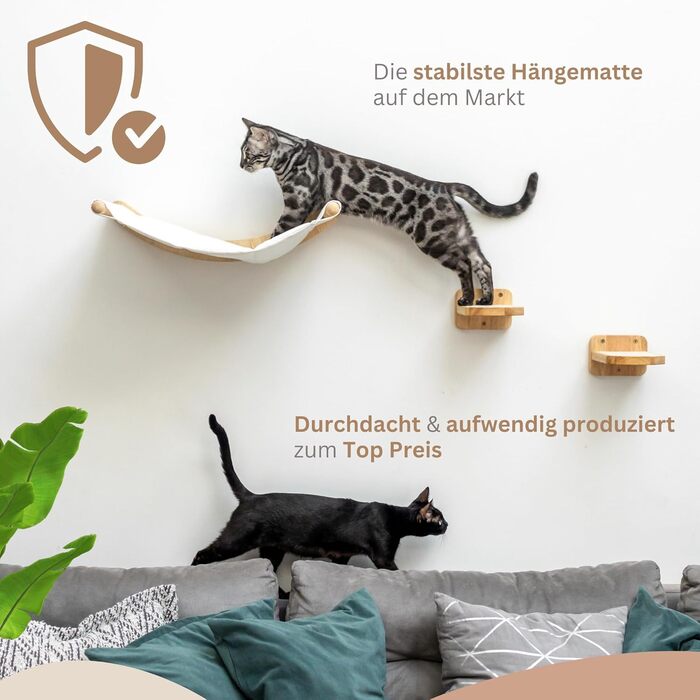 AZANO® Cat Wall | XL Cat Hammock [Extra Stable and Large] with Cat Ladder for the Wall | Cat Ladder with Sleeping Place | Climbing Cat Bed Made of Natural Wood | 3-Piece (with Steps)