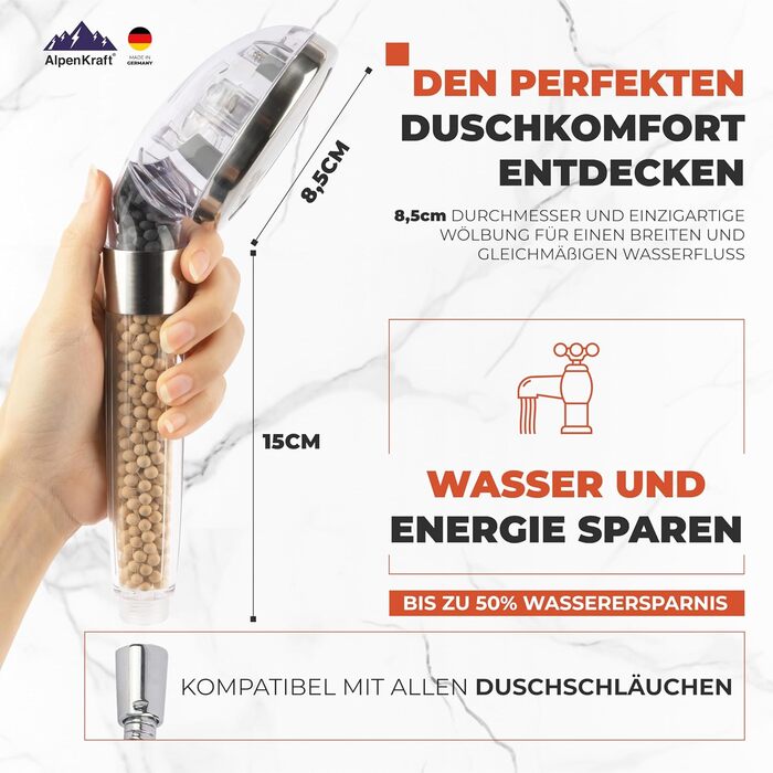 ALPENKRAFT Zugspitze Showerhead Original Made in Germany - Water-saving and pressure-enhancing showerhead - High-pressure showerhead with activated carbon and zeolite filter beads