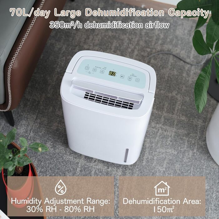 Електричний осушувач повітря 70л/день з авторежимом та шлангом для підключення. Ідеально для підвалів, ванних кімнат, спалень до 150㎡. Осушувач з цифровим дисплеєм, захистом від плісняви, 360° колесами, тихий 40dB, білий