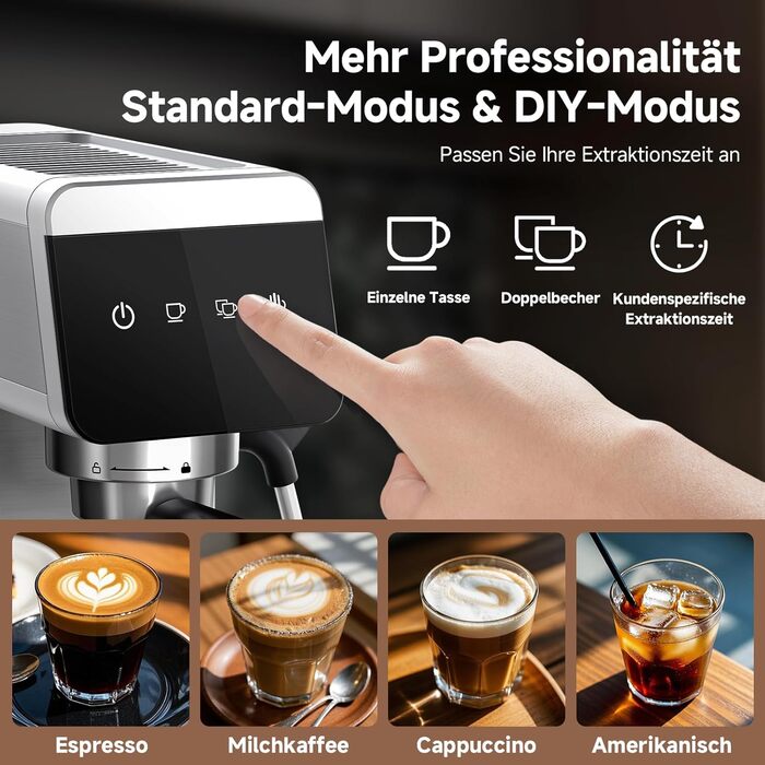 AMZCHEF Siebträgermaschine 20 Bar with LED Display Home 2-in-1 Espresso Machine with 1.2L Detachable Tank for Home Gifts, Compact Stainless Steel Latte Machine, 1350W