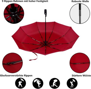 AMVUZ Парасолька штормостійка туристична вітростійка автоматична складана, 210T тефлонове покриття (червона)