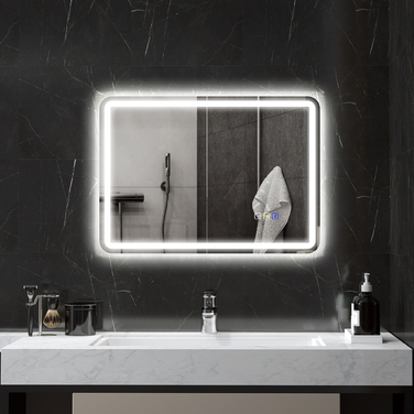 Дзеркало для ванної кімнати HOMCOM з підсвіткою 50x70 см, LED, Bluetooth, сенсорне управління, функція пам'яті, антизапітніюче, 3 кольори світла, срібляне