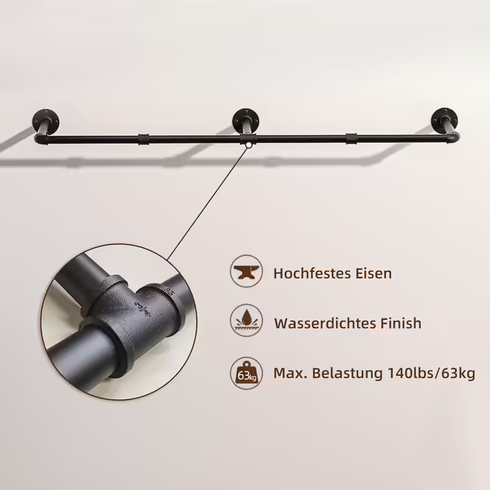 pickpiff Vintage Clothes Rack, 140 cm Industrial Pipe Clothes Hanger for Wall Mounting, Space-Saving, Sturdy Clothes Rail, 1 Pack of 6 S-Hooks