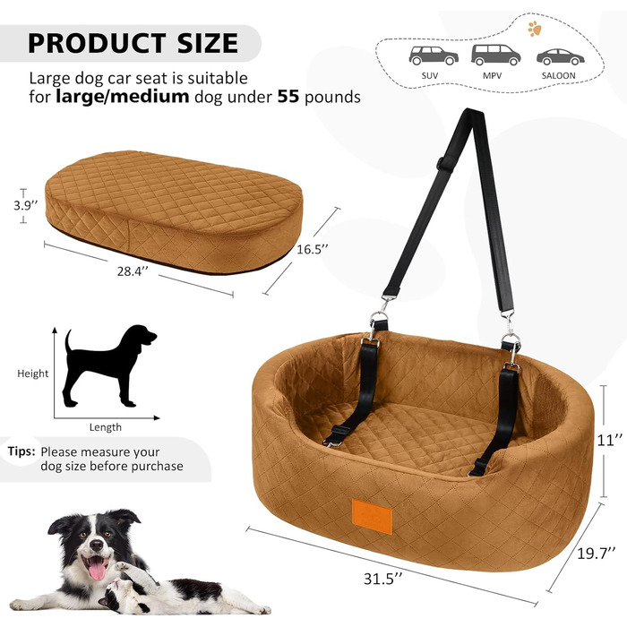 Dog Car Seat for Medium/Large Dogs (Up to 25kg) or 2 Small Dogs - with Safety Leashes & Washable Cushion - Rear Seat (Coffee Color)