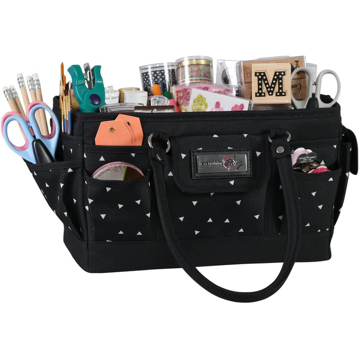 Everything Mary Blaugruner, geometric deluxe store and tote bag, organizer for crafts, sewing, paper, art, desk, canvas, accessories, storage with handles for travel (black and white triangle)