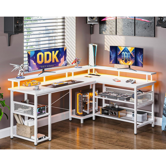 Геймерський стіл ODK з LED-підсвіткою, кутовий, реверсивний, 2 розетки та 2 USB-порти, велика біла модель 168×120 см, з сітчастою полицею