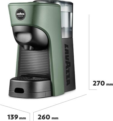 Lavazza, A Modo Mio Tiny Eco Green Coffee Machine with 64 assorted capsules, espresso machine made from recycled plastic, 1450 W, 220-240 V, 50/60 Hz, 0.6 Liter