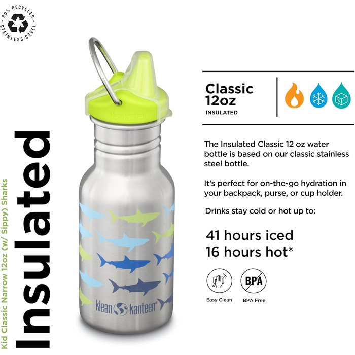 Klean Kanteen Classic Narrow Water Bottle 12 oz (Sharks)