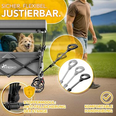 Трьохколісний візок TRESKO® Bollerwagen з дахом, кишенькою-холодильником та боковими шторками | Вантажопідйомність до 150 кг | З повного гумового покриття коліс та гальмами (передніми та задніми) та 3-точковим ременем безпеки (зелений, сірий)