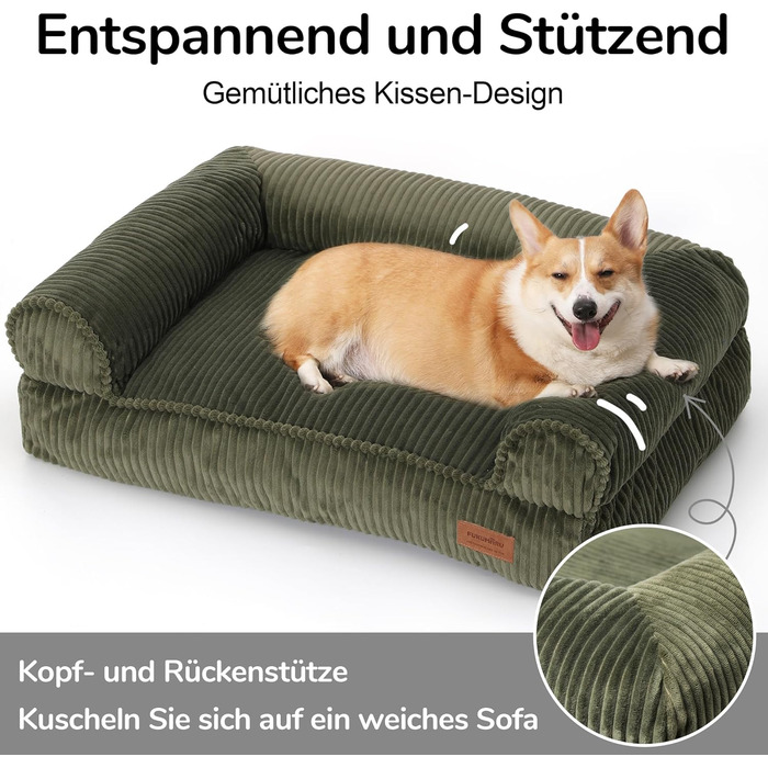 FUKUMARU Dog Bed for Large Dogs, Fluffy & Dog Sofa with Waterproof TPU Layer, Cord Fabric, Washable and Non-Slip, Removable Zipper Cover, 93 x 63 x 22 cm, Green