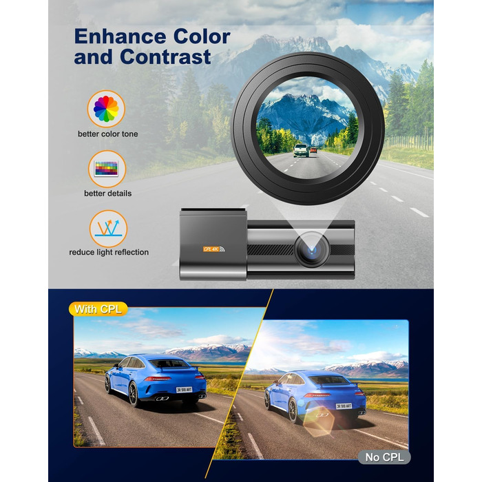 Відеореєстратор Auto Dashcam 4K WiFi 360° з CPL, 64GB SD, IPS Mini камера з Super Night Vision, WDR, 170° та G-Sensor