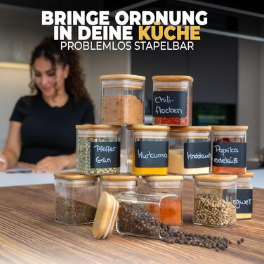 Spice Jars Square I 12 x 160 ml Set I Increased Glass Thickness I Stackable Spice Containers with Bamboo Lids I Airtight Spice Storage for the Kitchen I Suitable for Spice Storage