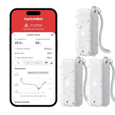 SwitchBot IP65 Hygrometer Thermometer Indoor/Outdoor, Bluetooth Thermometer with Dew Point/VPD/Absolute Humidity Sensor, Outdoor Thermometer, Data Storage for Greenhouse/Wine Cellar 3-Pack