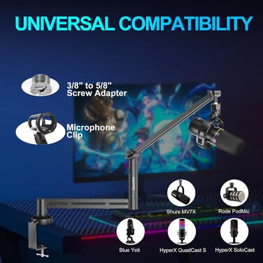 Низькопрофільний мікрофонний важіль, міцний тримач для мікрофону з кріпленням до столу 7 см, адаптери 3/8' та 5/8', для Blue Yeti, подкастів, геймінгу, вантажопідйомність до 2 кг, чорний