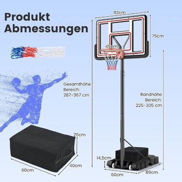 COSTWAY Adjustable Height Basketball Hoop System - Outdoor Mobile Basketball Stand with Wheels & Weight Bag (225-305cm)