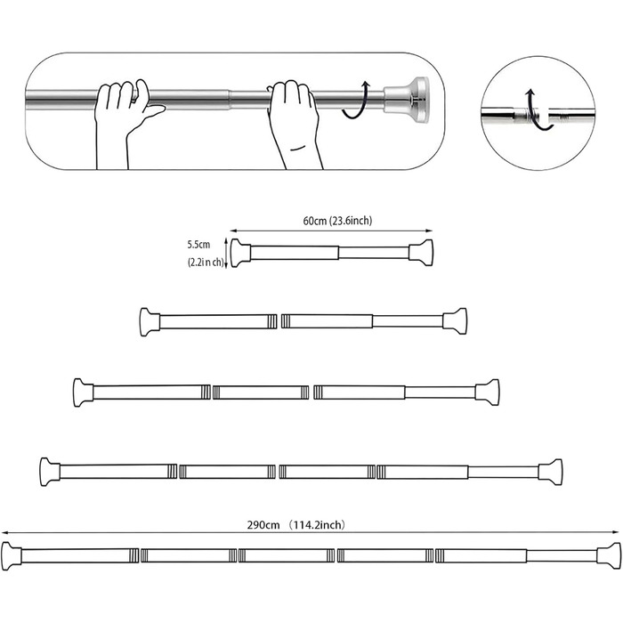 Штанга для душу Siler без свердління, розтягувана, з нержавіючої сталі, 48-200 см (Срібло)