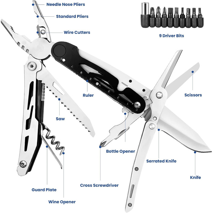 Мультитул HONZIN 12-в-1 з нержавіючої сталі, мультиінструмент з ножицями та набором біт, для кемпінгу та активного відпочинку