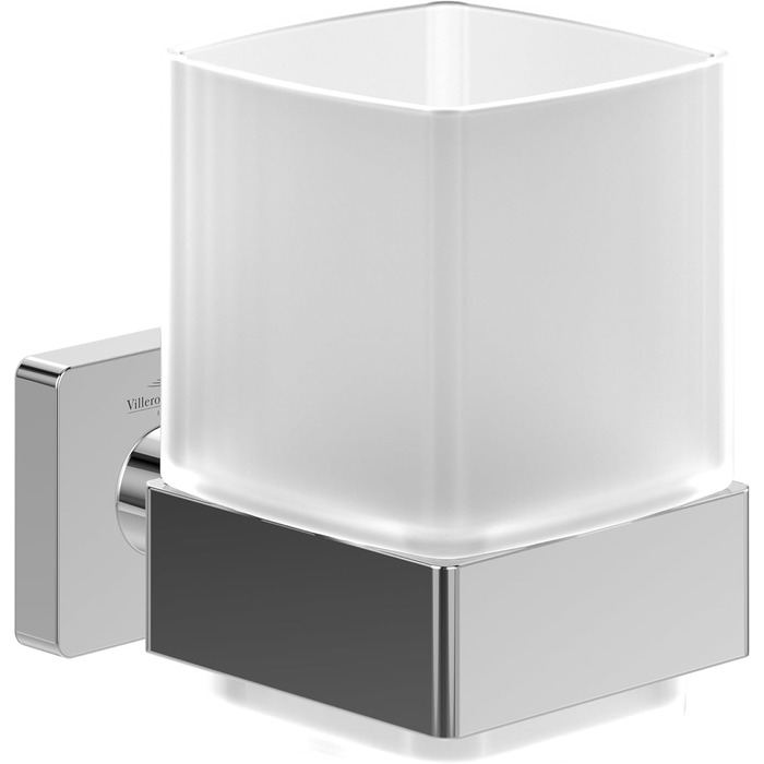 Villeroy & Boch Elements - Striking Toothbrush Holder, Wall-Mountable Toothbrush Holder, Toothbrush Cup Made of Satin Glass with Brass Holder, Square, Chrome