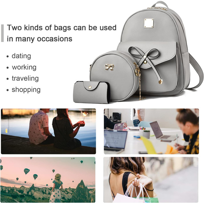 Жіночий рюкзак з PU шкіри: стильний щоденний рюкзак для подорожей, школи та роботи. Комплект сумок (сірий 03)