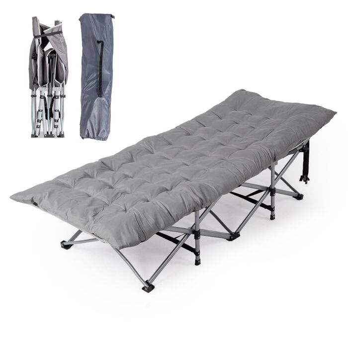Ліжко складане кемпінгове LEADZM з матрацом, сталевий каркас 190x71x36 см, сіре - для дому, природи, подорожей