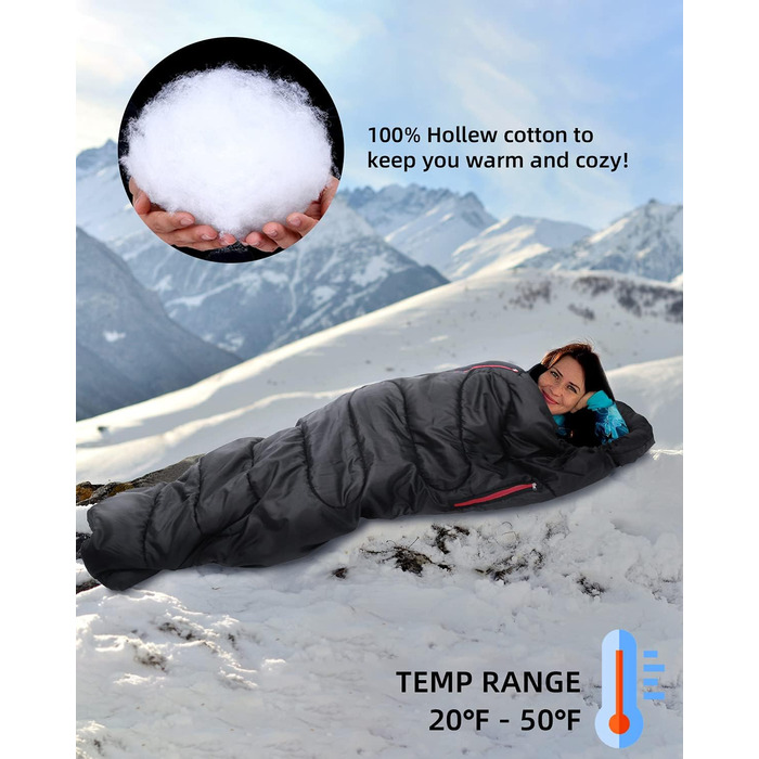 3-4 Season Sleeping Bag - Waterproof & Lightweight Sleeping Bag for Camping, Travel & Outdoor Activities - Ideal for Adults - 220 x 84 cm - 1.9KG - Black