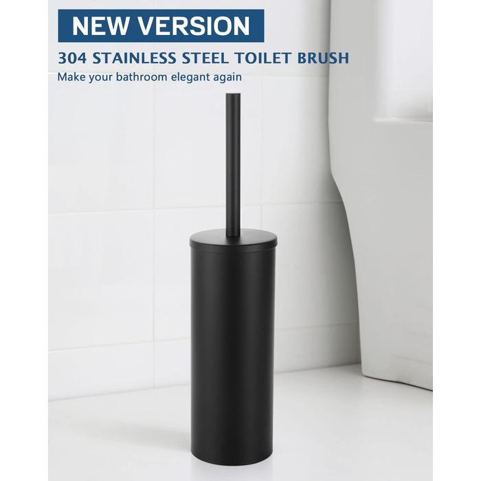 Hoomtaook Toilet Brush with Holder, WC Brush Black, Freestanding Toilet Brush Stainless Steel with an Extra Replacement Head, Black
