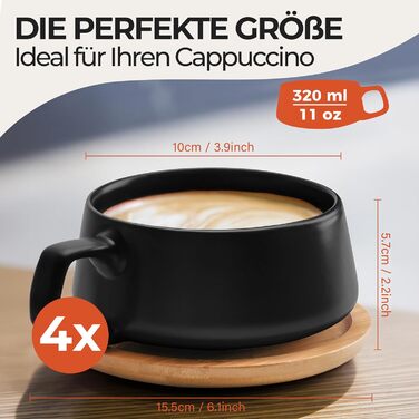 MIAMI - Set of 4 x 320 ml Coffee Cups/Cappuccino Cups with Saucers/Elegant/Modern/Coffee Cups made of stoneware - Luxe Collection 4-Piece Set (Black)