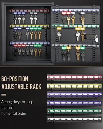 Шкафчик для ключів Uniclife на 60 позицій з комбінацією та ключовим замком, чорного кольору, з регульованими полицями. Цифрова скринька безпеки, органайзер для ключів