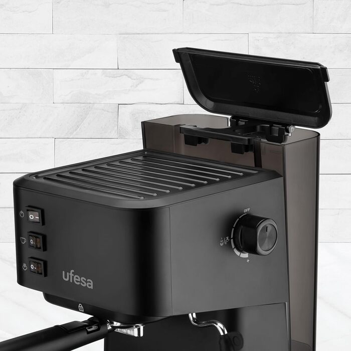 Ufesa Sienna Espresso Machine and Cappuccino Semi-Automatic Machine with Milk Frother, 20 Bar Pressure, Digital Touch Panel, 1360W, for Coffee Grounds or ESE Pads, 0.9L Water Tank, Silver (1050W | BLACK)
