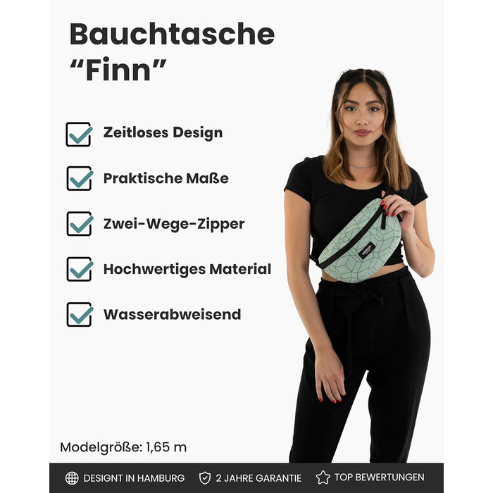 Поясна сумка LARKSON для жінок та чоловіків, м'ятний колір - Finn. Стильна поясна сумка для спорту, активного відпочинку, міста, фестивалів. Сумка через тіло з ремінцем, водовідштовхувальний принт.