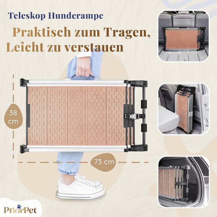 Рампа для собак у машину, складна, телескопічна, до 90 кг, для SUV та легкових автомобілів, з неслизьким покриттям, з кліпсою, з відбиваючими смугами