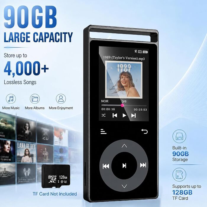 MP3-плеєр з Bluetooth 5.3 та HiFi-звуком, 90 ГБ, сенсорні кнопки, кольоровий дисплей, металевий корпус, FM-радіо, підтримка e-books, розширювальна пам'ять до 128 ГБ, чорний