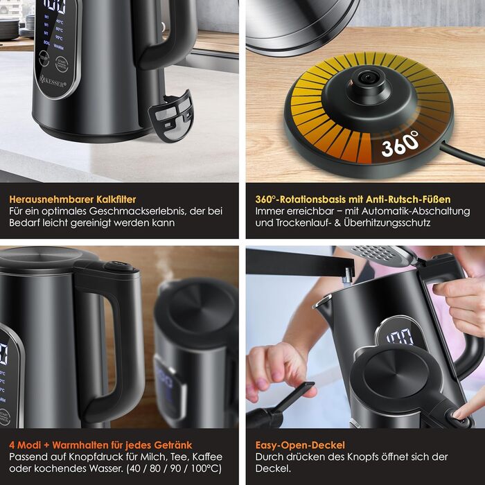 KESSER® Stainless Steel Kettle 1.7 Liter | LED Display | 4-Mode Temperature Setting 40°C-100°C | 30-Minute Keep Warm | Electric Tea Kettle 2200W BPA-Free | Scale Filter & Easy-Open Lid, (Black)