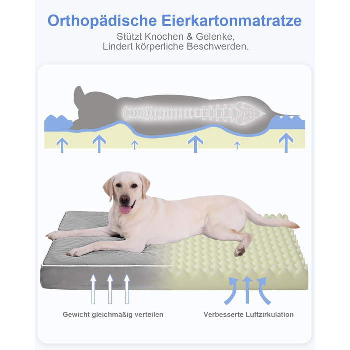 Ортопедичне ліжко для собак KSIIA, великі породи, 104x68x8 см, сіре, знімний наматрац, легко миється
