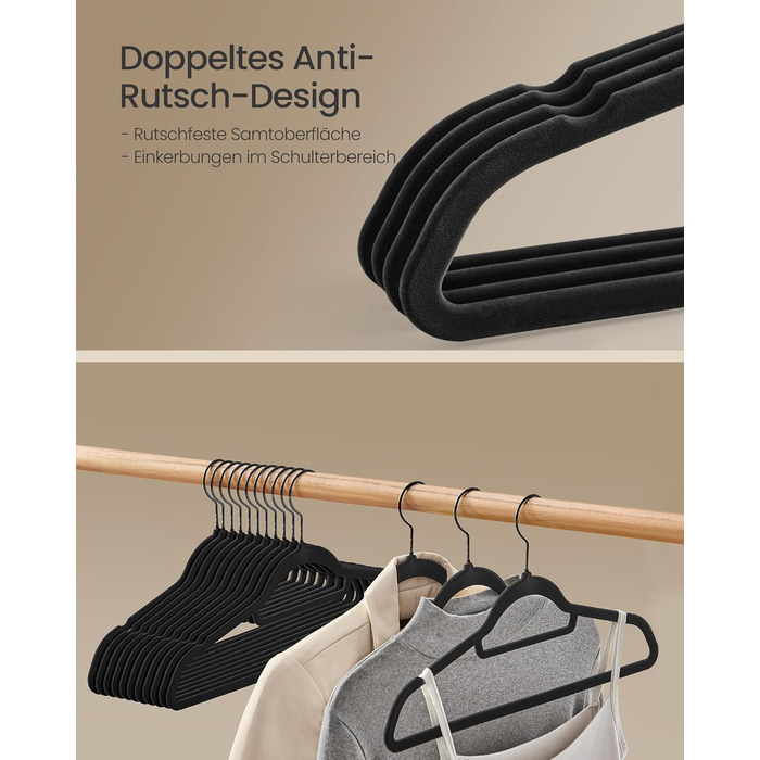 Плечики SONGMICS для одягу, 50 шт., велюрові, антиковзаючі, для краваток, 360° обертання, 0,6 см, економія місця, 43,5 см, для пальто, штанів, срібно-білі