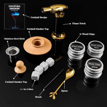 Набір для копчення коктейлів та віскі – 6 видів деревини, ліхтарик, генератор диму – без бутану (продається окремо), класичний набір