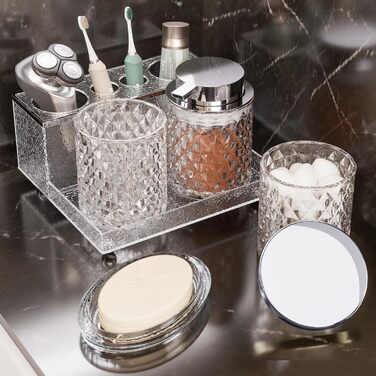 Набір аксесуарів для ванної кімнати зі скла, 5 предметів: мильниця, стакан, органайзер, тримач для зубних щіток, флакон для мила. Прозорий декор для раковини.