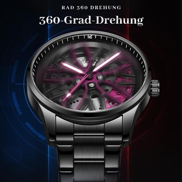 Чоловічий годинник OLEVS Quartz зі сталі з дизайном автоколеса, водонепроникний спортивний годинник з підсвіткою (модель 9937, фіолетовий)