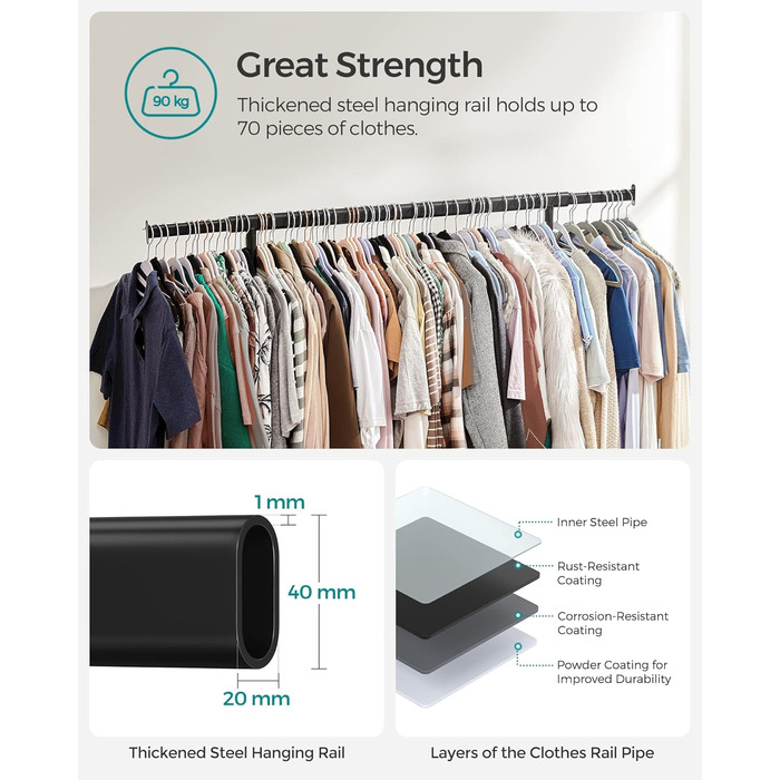 SONGMICS Heavy-Duty Clothes Rack, 2-Piece Set, Rolling Garment Rack, Holds up to 90 kg, with Extendable Closet Rod, Folding Base, Storage for Boxes, HSR013S02 (Black)