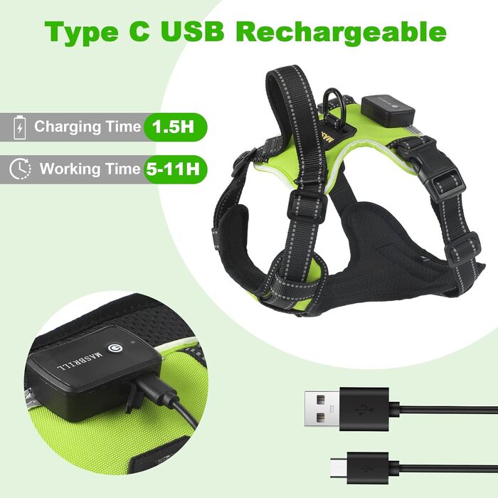 Нашийник для собак Masbri світловідбиваючий, регульований, з ручкою, м'який, світловідбиваючий, для собак середніх та великих порід, чорно-білий, TC3005B (L, Зелений)