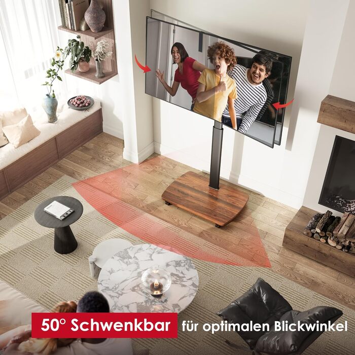 AOKCOS Rolling TV Stand with Wood Shelf - Adjustable Height & Swivel - Fits 43-75 Inch TVs (up to 50kg) - VESA 600x400mm - White+Natural (Black+Vintage Brown)
