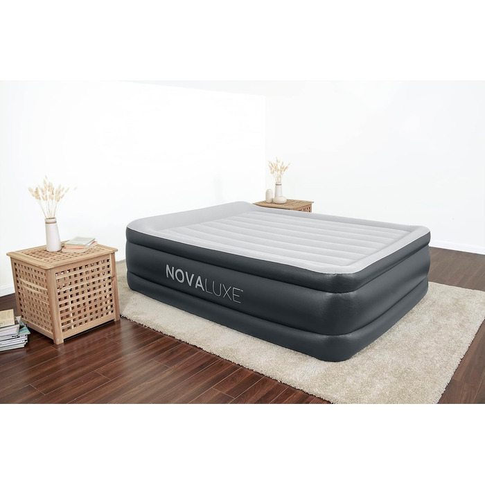 Надувний матрац Novaluxe з електронасосом та подушкою, сірий 203x152x56 см
